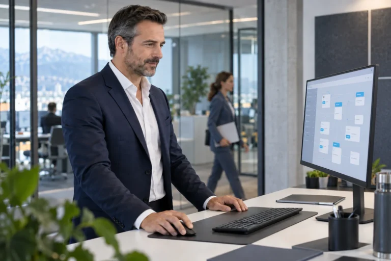Illustrative KI-Szene: Ein Verantwortlicher arbeitet mit verbundenen digitalen Abläufen.
