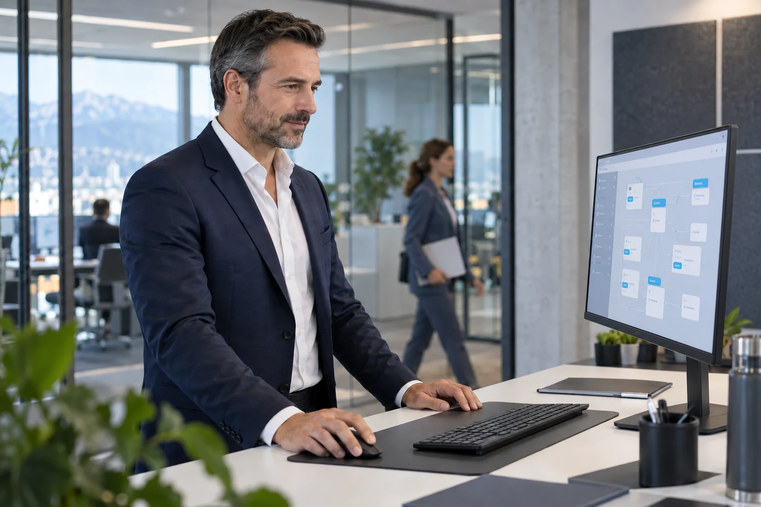 Illustrative KI-Szene: Ein Verantwortlicher arbeitet mit verbundenen digitalen Abläufen.