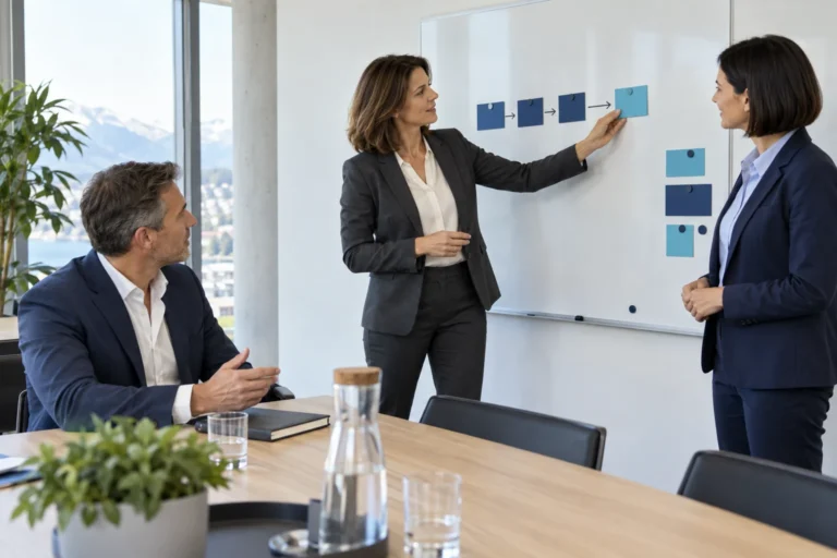 Illustrative KI-Szene: Berufserfahrene Mitarbeitende entwickeln gemeinsam einen Arbeitsablauf.