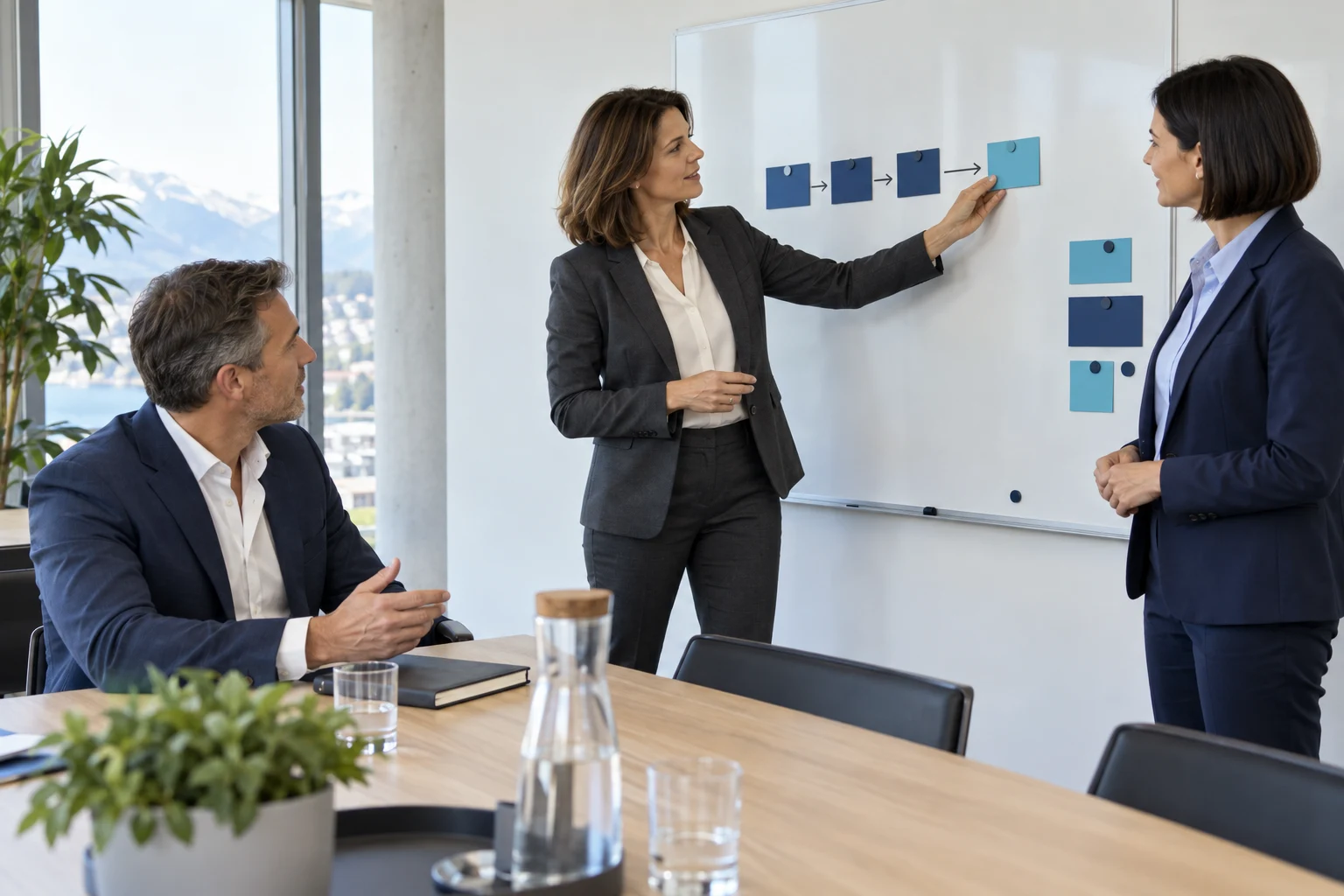 Illustrative KI-Szene: Berufserfahrene Mitarbeitende entwickeln gemeinsam einen Arbeitsablauf.