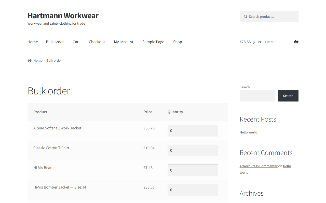 B2B-Sammelbestellung mit Mengenfeldern im WooCommerce-Demoshop