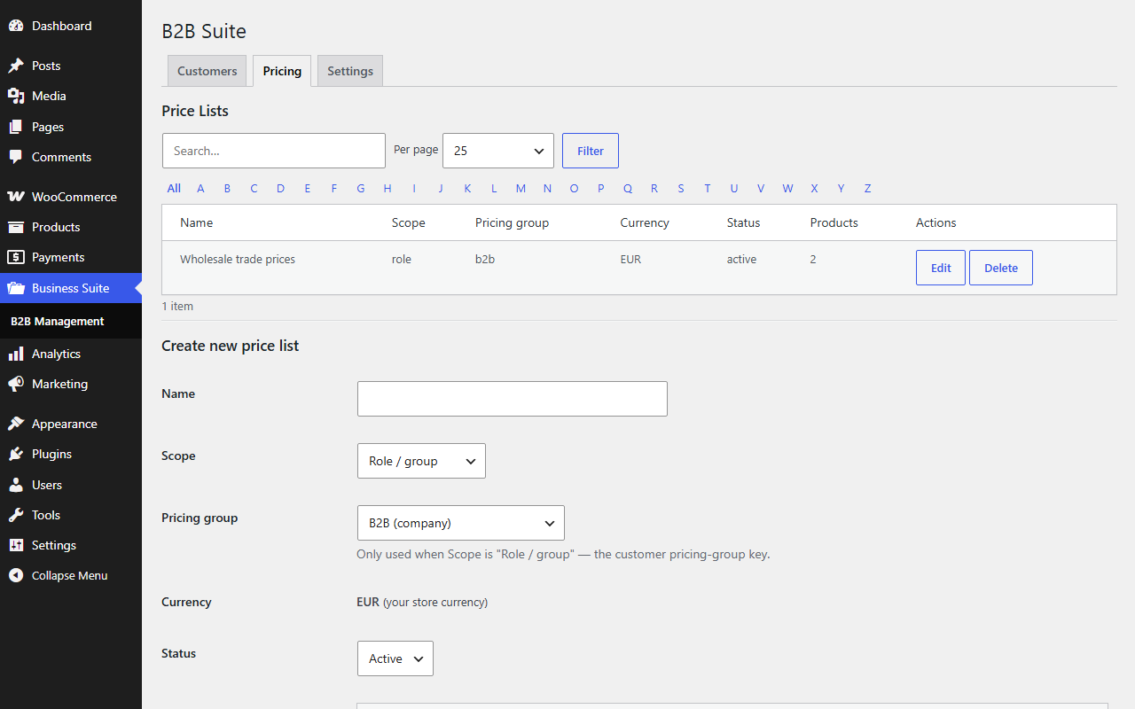 Preislistenverwaltung im WordPress-Backend des B2B-Demoplugins